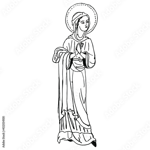 Standing beautiful young woman with nimbus. Medieval female Christian saint lady in long dress. Holy praying lady with folded hands. Hand drawn linear doodle rough sketch. Black silhouette on white.