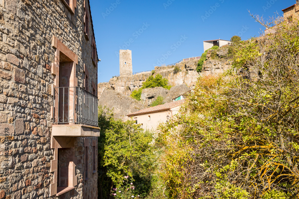 the suburb of Anguita with a view to the tower of the Stork, province of Guadalajara, Castile La Mancha, Spain