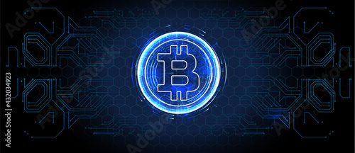 Forex, stock market trading chart vector banner; business finance abstract background. Crypto Currency Bitcoin On Blue Background Digital Web Money Modern Technology Banner