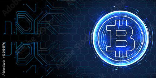 Forex, stock market trading chart vector banner; business finance abstract background. Crypto Currency Bitcoin On Blue Background Digital Web Money Modern Technology Banner