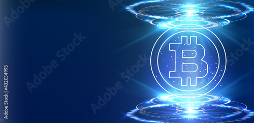 Forex, stock market trading chart vector banner; business finance abstract background. Crypto Currency Bitcoin On Blue Background Digital Web Money Modern Technology Banner