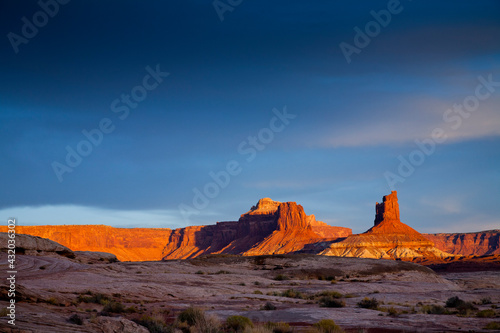 The rugged canyons, sandstone spires and mesas of Canyonlands National Park seen from The White Rim Trail near Moab, Utah.