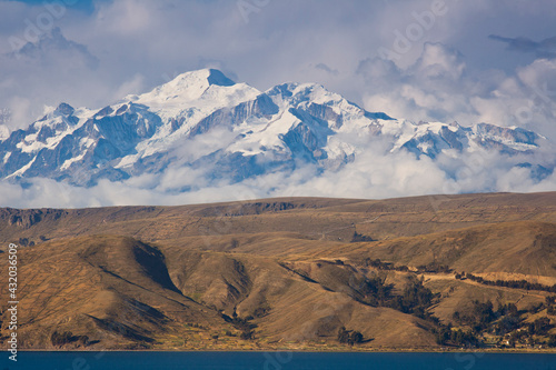 Mt. Illampu and Mt. Ancohuma in the Cordillera Real mountain range as seen from Lake Titicaca, Bolivia