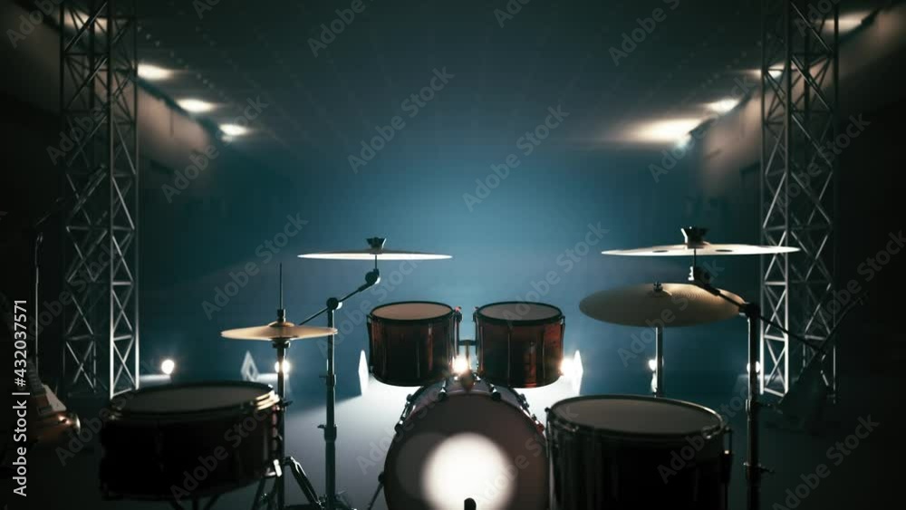 Close-up of a drum kit. Drum kit against the light. Drum set equipment in studio no people. Different musical instruments on a stage. 3d visualization