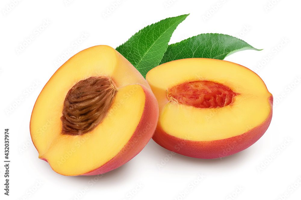 Ripe peach fruit half isolated on white background with clipping path and full depth of field