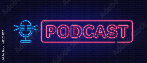 Podcast Neon Sign. Microphone. Glowing Outline Vector Text.