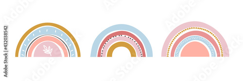 Three baby cute rainbow graphic illustration. Art rainbow color brush stroke. Baby design for birthday invitation or baby shower, poster, clothing, nursery wall art and postcard.