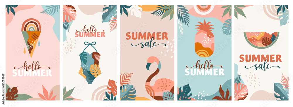 Bohemian Summer, set of modern summer sale story template designs with rainbow, flamingo, pineapple, ice cream and watermelon Bohemian Summer, set of modern summer sale story template designs with rainbow, flamingo, pineapple, ice cream and watermelon