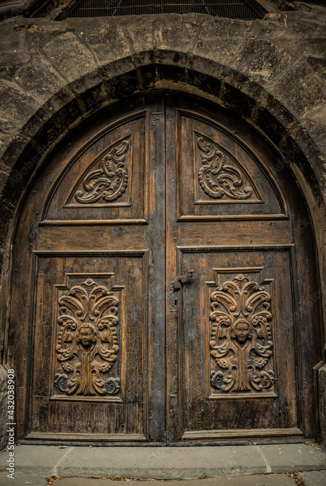 Old wooden door in the church