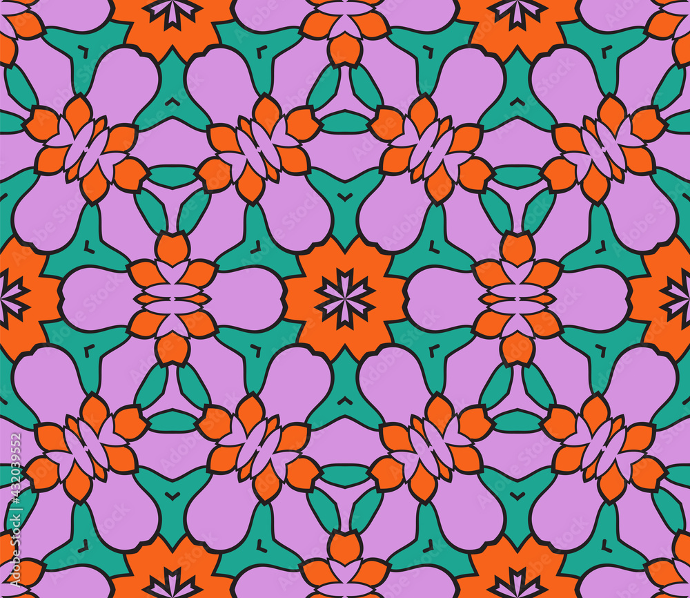 Fototapeta premium Abstract colorful doodle flower seamless pattern. Floral geometric background. Mosaic, tile of thin line ornament.
