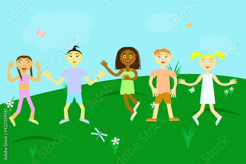children of different nationalities enjoy the Summer Day in a green meadow. International friendship