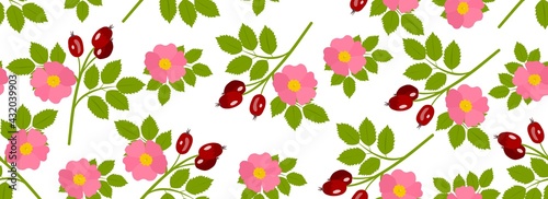 berries of dog rose on a white background in seamless pattern