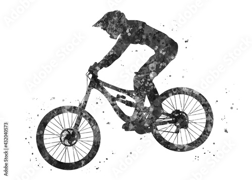 Fototapeta Naklejka Na Ścianę i Meble -  Downhill mountain bike black and white watercolor art, abstract sport painting. sport art print, watercolor illustration artistic, greyscale, decoration wall art.