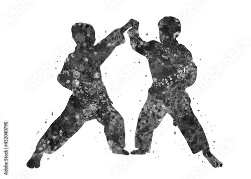 Taekwondo training boy black and white watercolor art, abstract sport painting. sport art print, watercolor illustration artistic, greyscale, decoration wall art.