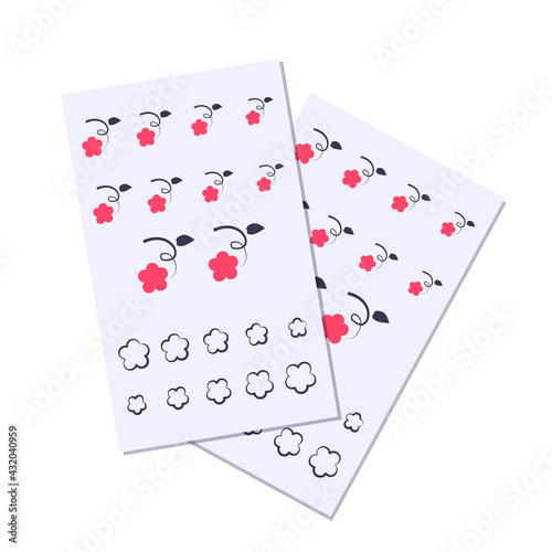 Nail stickers on a sheet of paper. Pattern with flowers for manicure. Design elements
