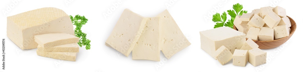 tofu cheese isolated on white background with clipping path and full depth of field, Set or collection