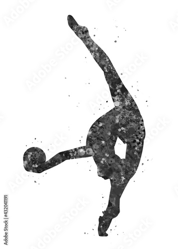 Rhythmic gymnastics ball black and white watercolor art, abstract sport painting. sport art print, watercolor illustration artistic, greyscale, decoration wall art.