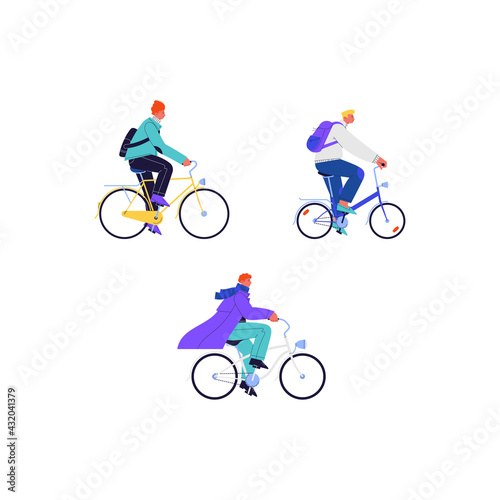 Set of flat illustrations of different men wearing casual clothes riding different kinds of city bikes