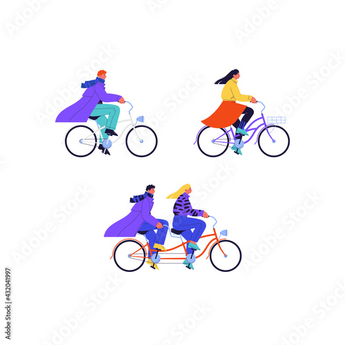 Set of flat illustrations of different people wearing casual clothes riding vintage cruiser city bikes and a couple riding a tandem bicycle