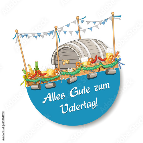 Grußkarte zum Vatertag,
Geschmückter Bollerwagen mit Bierfass, Bierflaschen, Bratwurst uvm,
Vektor Illustration isoliert auf weißem Hintergrund
