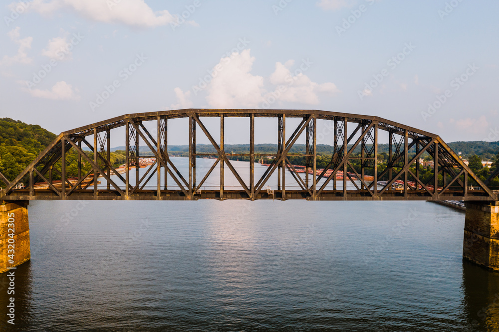 Late Evening Aerial of Historic Norfolk Southern Railway Bridge - Ohio River - Kenova, West Virginia & Ohio