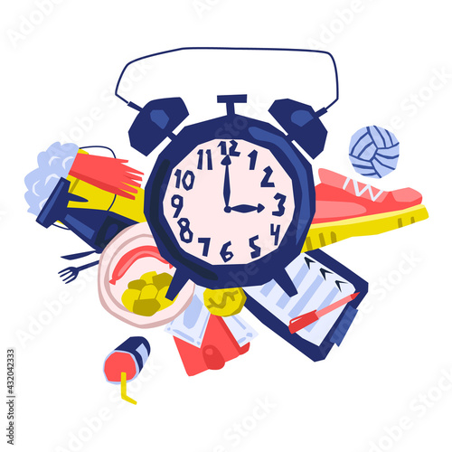 Daily Schedule by Time. Various Activities. This is Household chores, Work with Sports and Food. In the center of the blue Alarm Clock and around objects of Life. Vector flat Abstract Illustration.