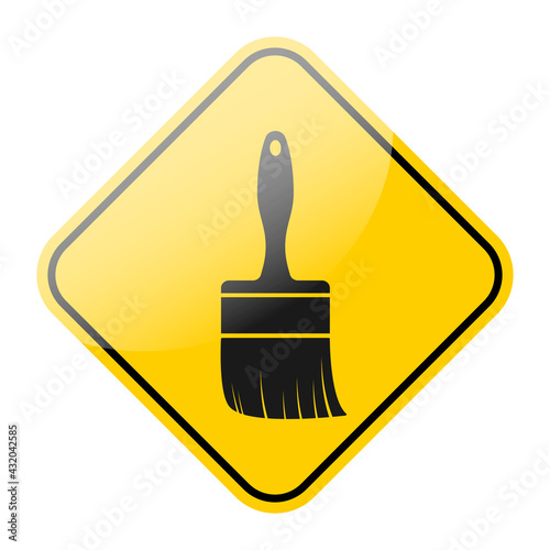 Wet paint warning sign. Yellow road sign with black paint brush icon. Vector illustration. Isolated on white background.