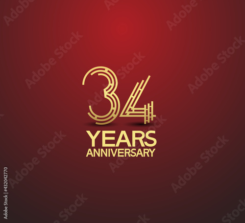 34 years golden anniversary logotype with labyrinth style number isolated on red background. vector can be use for template  company special event and celebration moment