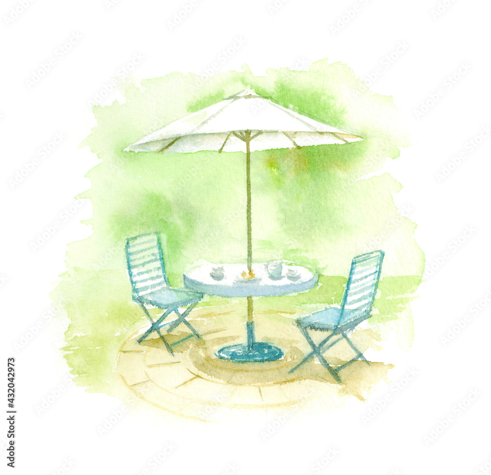 庭の景色 パラソルとテーブルとイス 水彩イラスト Stock Illustration Adobe Stock