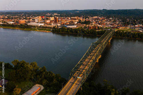 Late Evening Aerial View of Robert C. Byrd Truss Bridge - Ohio River - Huntington, West Virginia