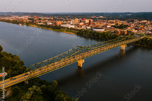 Late Evening Aerial View of Robert C. Byrd Truss Bridge - Ohio River - Huntington, West Virginia