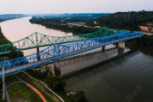 Aerial of Colorful Historic 12th & 13th Street Bridges - Ohio River - Ashland, Kentucky & Ohio photo