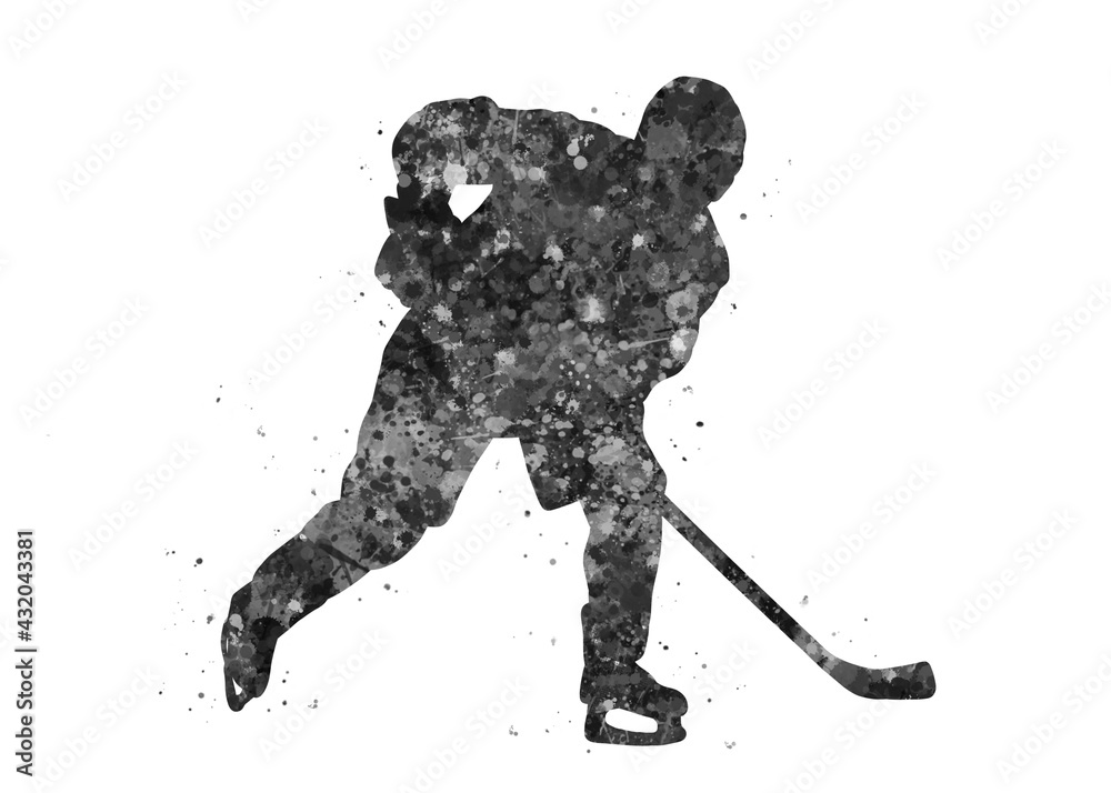 Fototapeta premium Ice hockey black and white watercolor art, abstract sport painting. sport art print, watercolor illustration artistic, greyscale, decoration wall art.