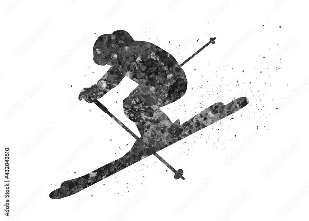 Fototapeta premium Skier black and white watercolor art, abstract sport painting. sport art print, watercolor illustration artistic, greyscale, decoration wall art.
