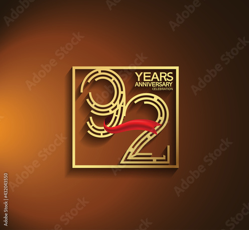 92 years anniversary logotype golden color with square and red ribbon. vector can be use for template, company special event and celebration moment
