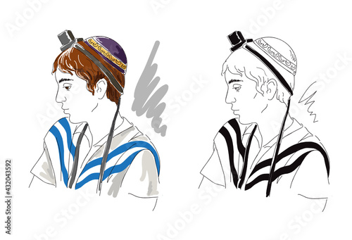 Hand drawing sketches with hasidic jewish boy. Vector illustration.