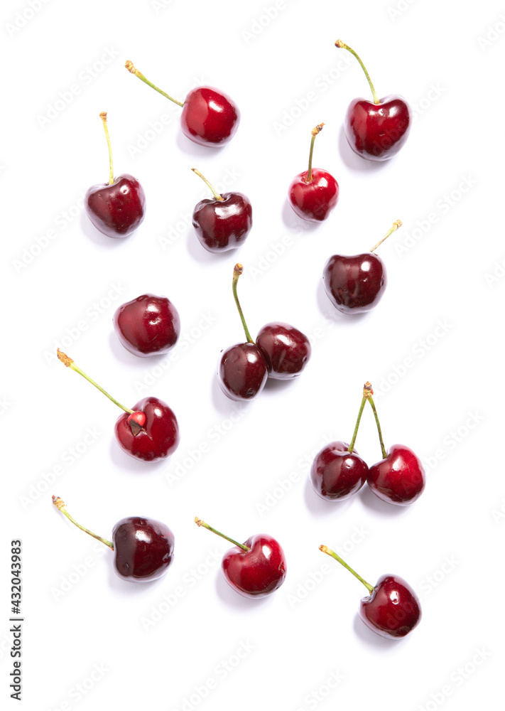 Cherries on white background, wallpaper for food store. Natural red berries for vitamins nourishment, healthy dieting Cherries on white background, wallpaper for food store. Natural red berries for vitamins nourishment, healthy dieting