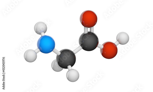 Glycine (symbol Gly or G) is found primarily in gelatin and used therapeutically as a nutrient. Formula: C2H5NO2. 3D illustration. Chemical structure model: Ball and Stick. White background.