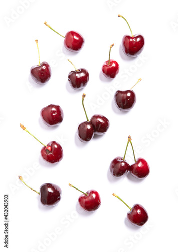 Cherries on white background, wallpaper for food store. Natural red berries for vitamins nourishment, healthy dieting