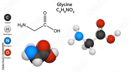 Glycine (symbol Gly or G) is found primarily in gelatin and used therapeutically as a nutrient. Formula: C2H5NO2. 3D illustration. Chemical structure model: Ball and Stick + Space-Filling.