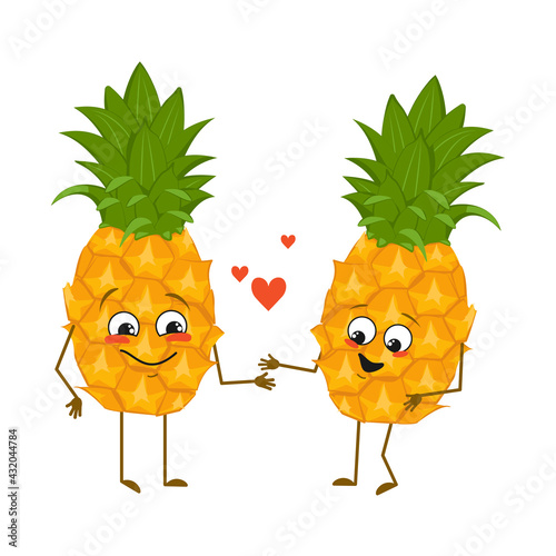 Cute pineapple characters with love emotions, face, arms and legs. The funny or happy food heroes, fruits fall in love