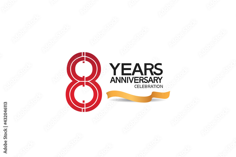 8 years anniversary template with red color number and golden ribbon. vector can be use for greeting card, invitation and celebration event 8 years anniversary template with red color number and golden ribbon. vector can be use for greeting card, invitation and celebration event