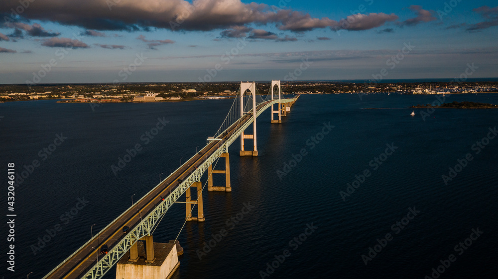 Late Evening Aerial Views of Historic Newport Suspension Bridge - East Passage Narragansett Bay - Rhode Island
