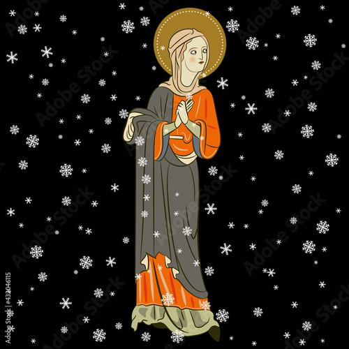
Beautiful Crhristian saint woman with nimbus under snowflakes. Christmas winter design. On black background.