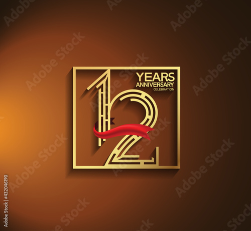 12 years anniversary logotype golden color with square and red ribbon. vector can be use for greeting card, invitation and celebration event