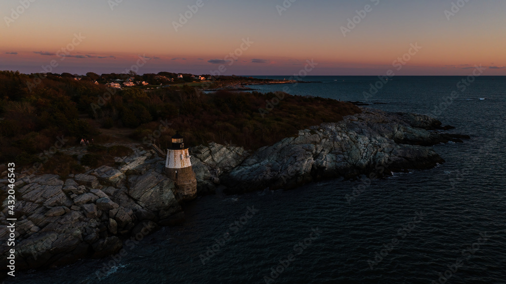 Aerial of Historic Castle Hill Lighthouse at Sunset - East Passage Narragansett Bay - Rhode Island