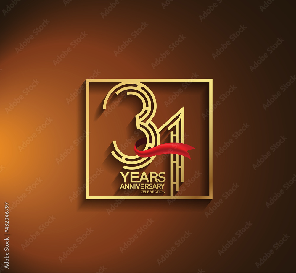 31 years anniversary logotype golden color with square and red ribbon. vector can be use for greeting card, invitation and celebration event