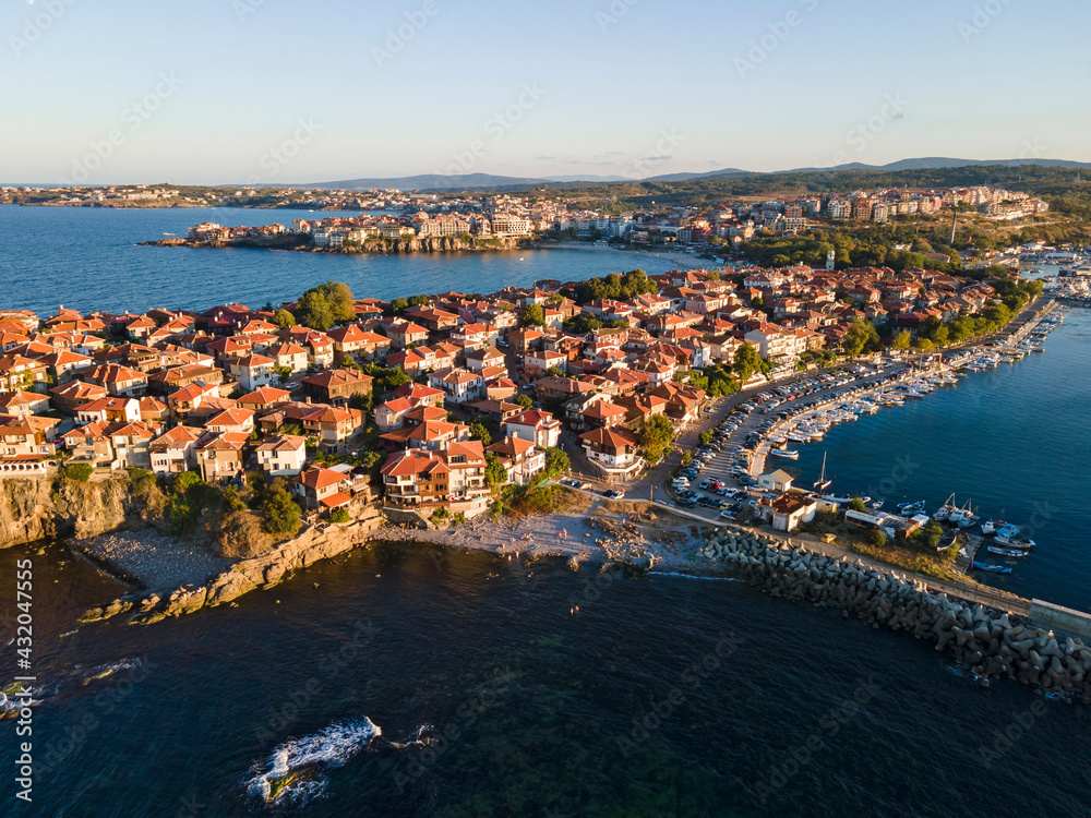 Fototapeta premium Aerial sunset view of old town of Sozopol, Bulgaria