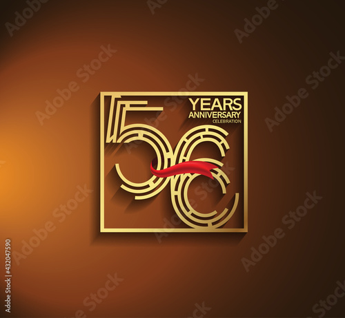 56 years anniversary logotype golden color with square and red ribbon. vector can be use for greeting card, invitation and celebration event