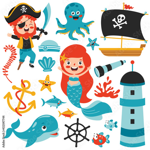 Set Of Cartoon Sea Elements
